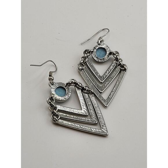 Silver Tone Turquoise Style Geometric Drop Earrings Boho Layered Dangle - Picture 6 of 6